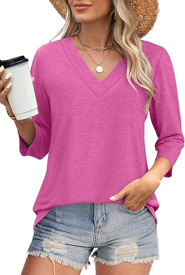 Women's V-Neck Top with Three-Quarter Sleeves and Side Slits Lune London
