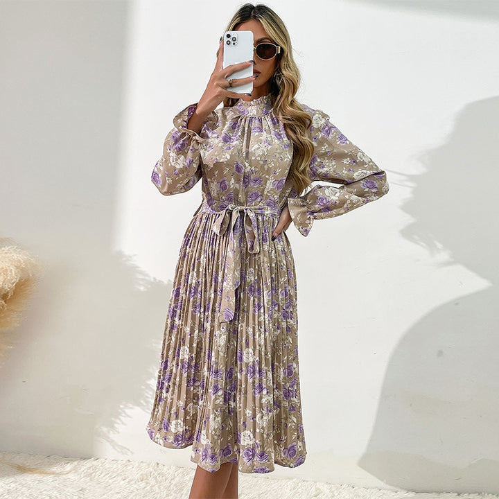 Midi dress for ladies with floral patterns and adjustable belt Lune London