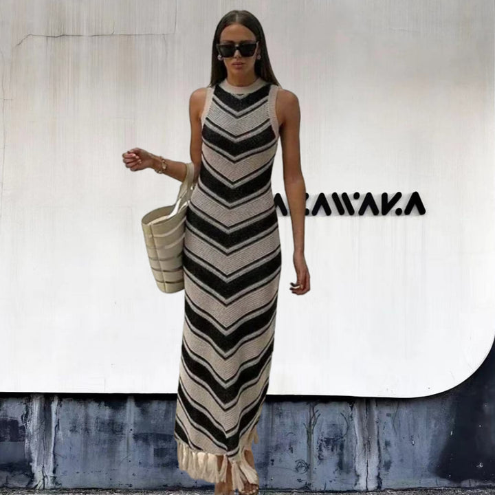 Maxi dress for women with chevron pattern and fringed details Lune London