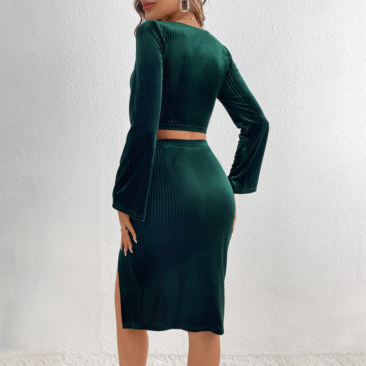 Chic & Stil Women’s Short Top and Skirt Set with Ruffled and Draped Details