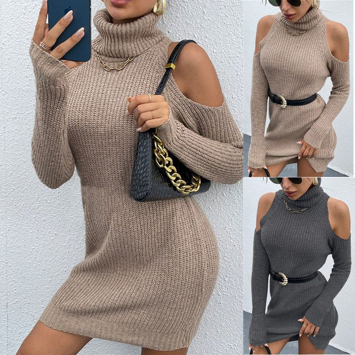 Knit dress for women with an elegant turtleneck and off-the-shoulder style Lune London