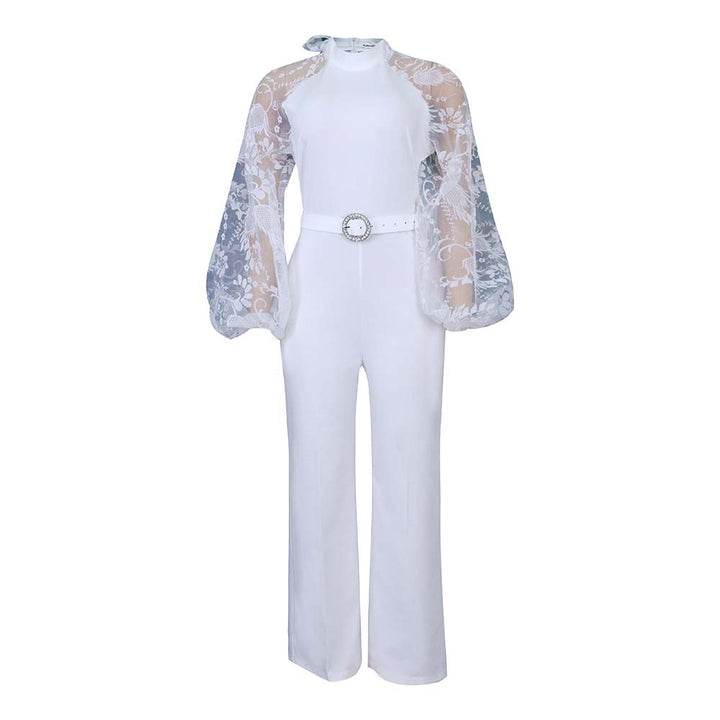 Ladies Elegant Jumpsuit with Sheer Sleeves and a Fitted Belt Lune London