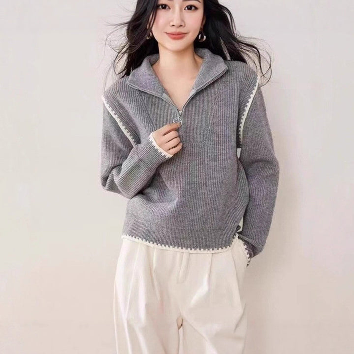 Knitted sweater for women with high collar and zipper Lune London