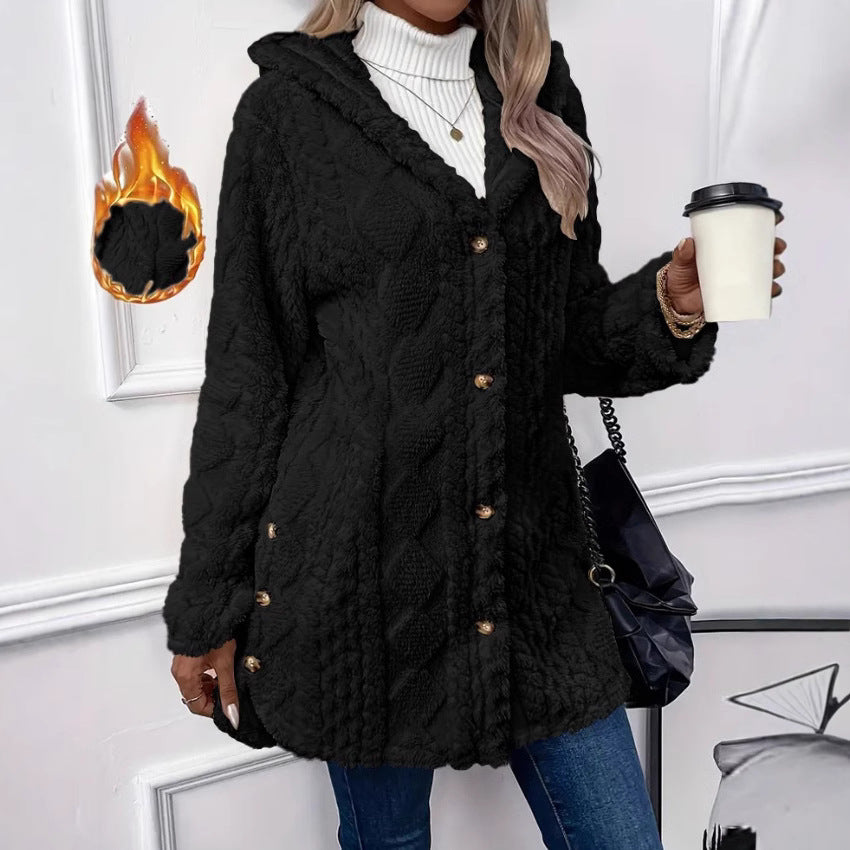 Ladies oversized cozy coat with hood and button placket Lune London