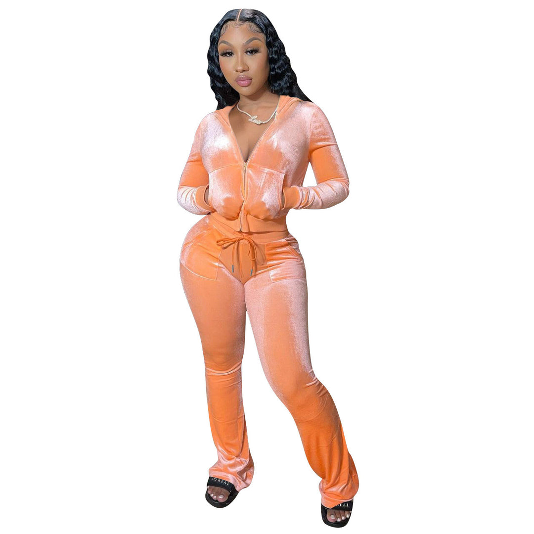 Ladies Sporty Velvet Jumpsuit with Hood and Chic Pockets