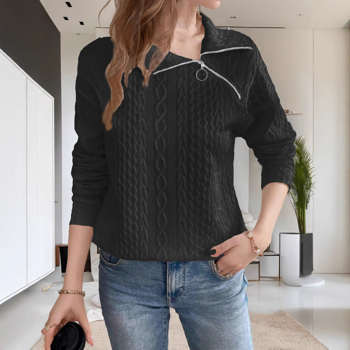 Casual knitted women's sweater with short zipper and textured surface Lune London