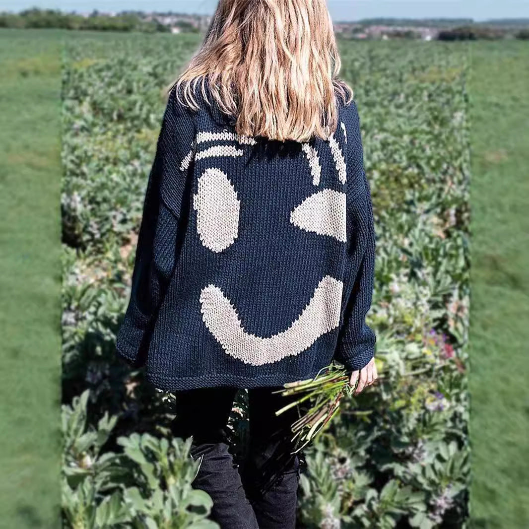 Chunky knit sweater for women with creative Smiley pattern Lune London