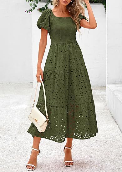 Maxi dress for women with decorative cut-out pattern and puff sleeves Lune London