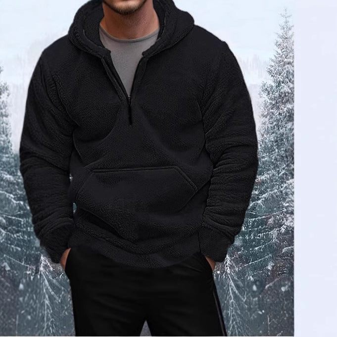 Men's Cozy Fleece Hooded Sweatshirt with Mid-Length Zip Lune London