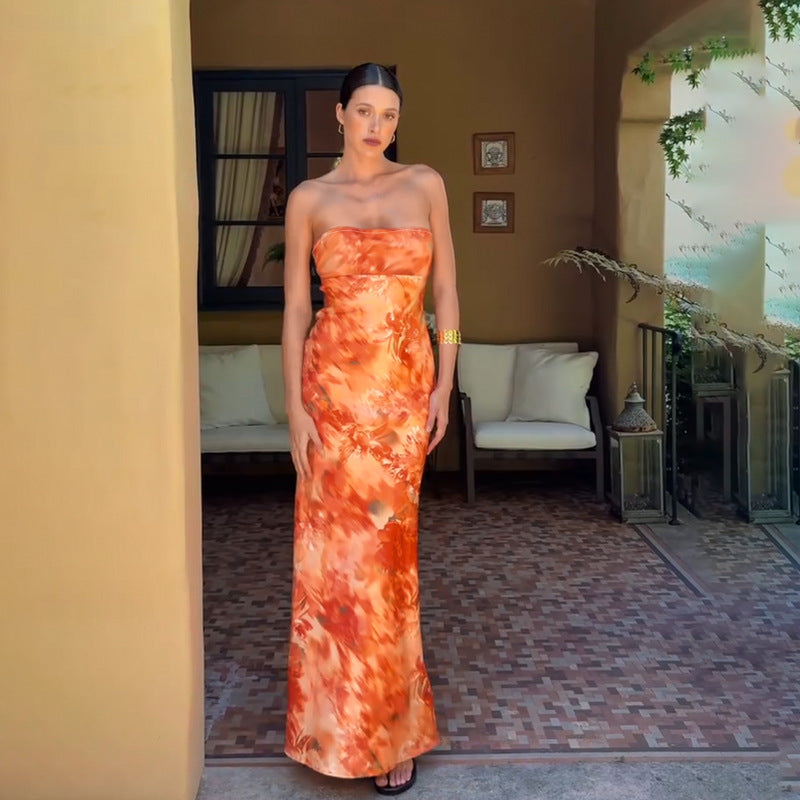 Ladies elegant strapless maxi dress with floral design and fitted cut