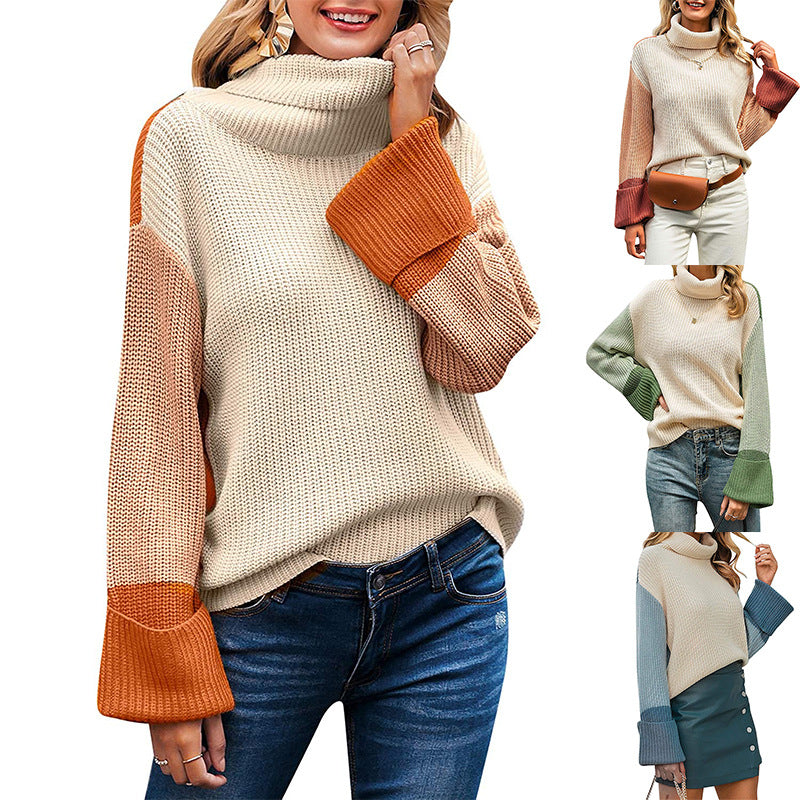 Chunky knit sweater for women with high collar and contrasting sleeves Lune London