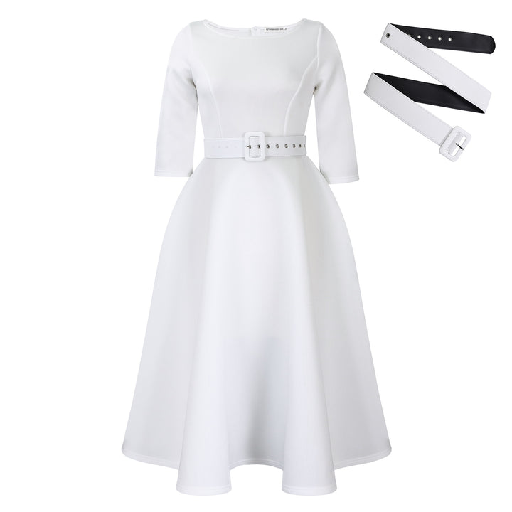Elegant A-line dress for women with belt and ¾ sleeves Lune London