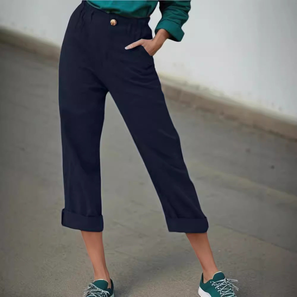 Elegant linen pants for women with wide legs and turned-up hem Lune London