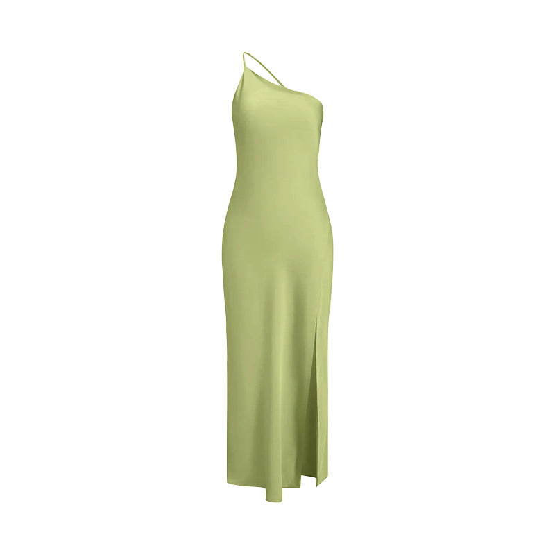 Maxi dress for ladies with asymmetric neckline and high slit Lune London