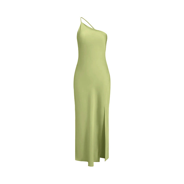 Maxi dress for ladies with asymmetric neckline and high slit Lune London