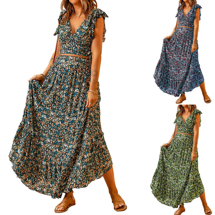 Maxi dress with floral pattern for women with voluminous skirt and narrow belt Lune London
