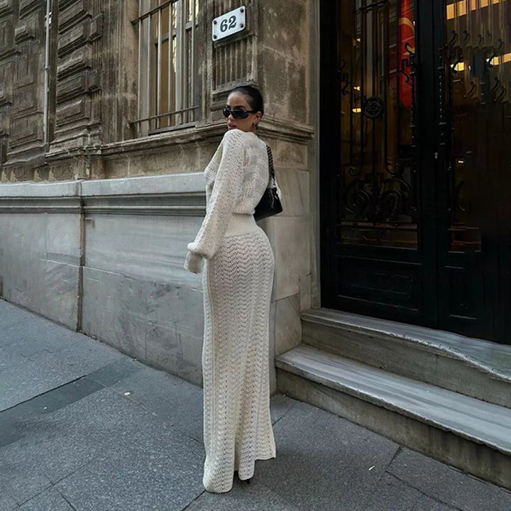 Elegant crochet maxi dress for women with deep V-neck and ribbed design Lune London