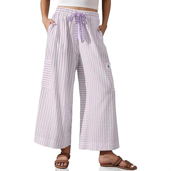 Pantalons Palazzo amples pour femmes avec motif rayé et poches pratiques