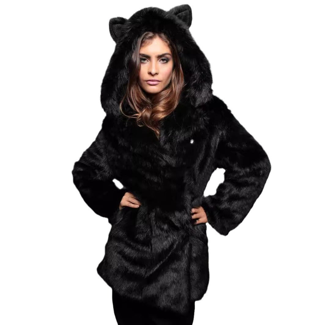Ladies Cozy Faux Fur Coat with Hood and Ears Lune London