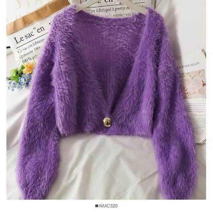 Short plush sweater for women with V-neck and button detail Lune London