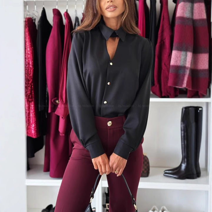 Ladies Elegant blouse with chic collar and decorative buttons Lune London
