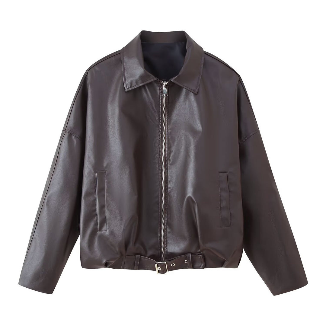 Faux leather jacket for women with high collar and practical pockets Lune London