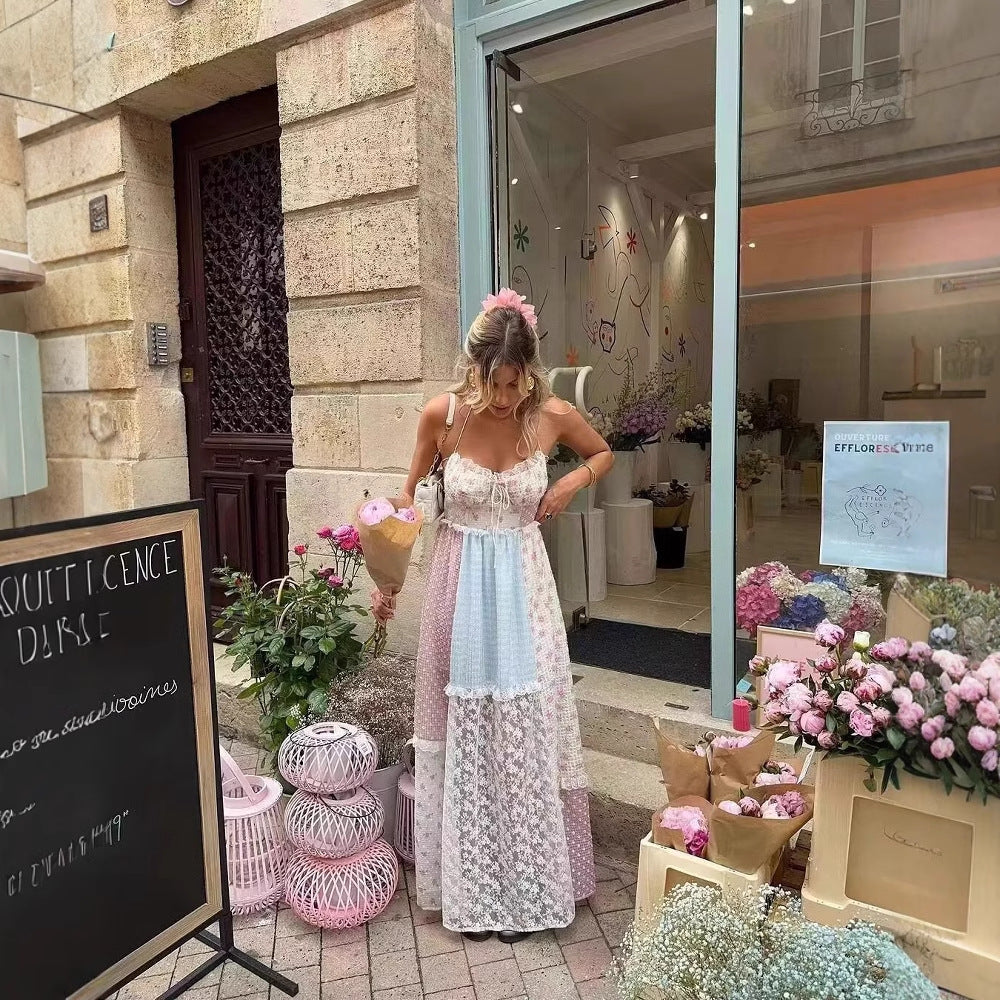 Maxi dress for women with a floral and checked patchwork look Lune London