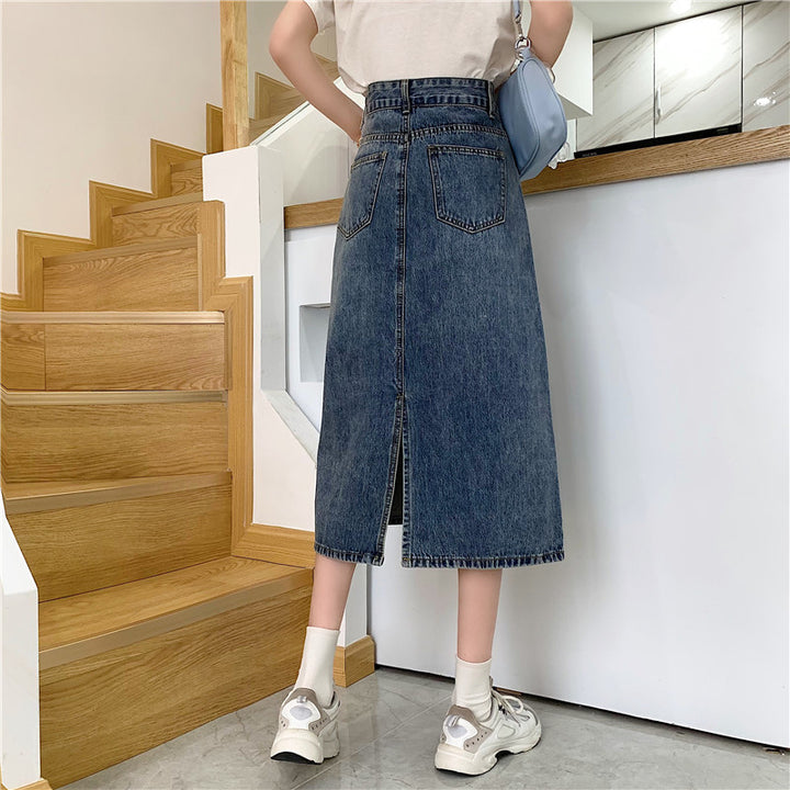 Jupe en jean longue pour femmes avec découpe haute et coutures décoratives Chic & Stil