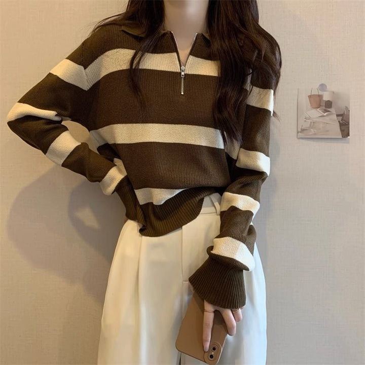 Pull en tricot pour femmes avec zip et motif à rayures Chic & Stil