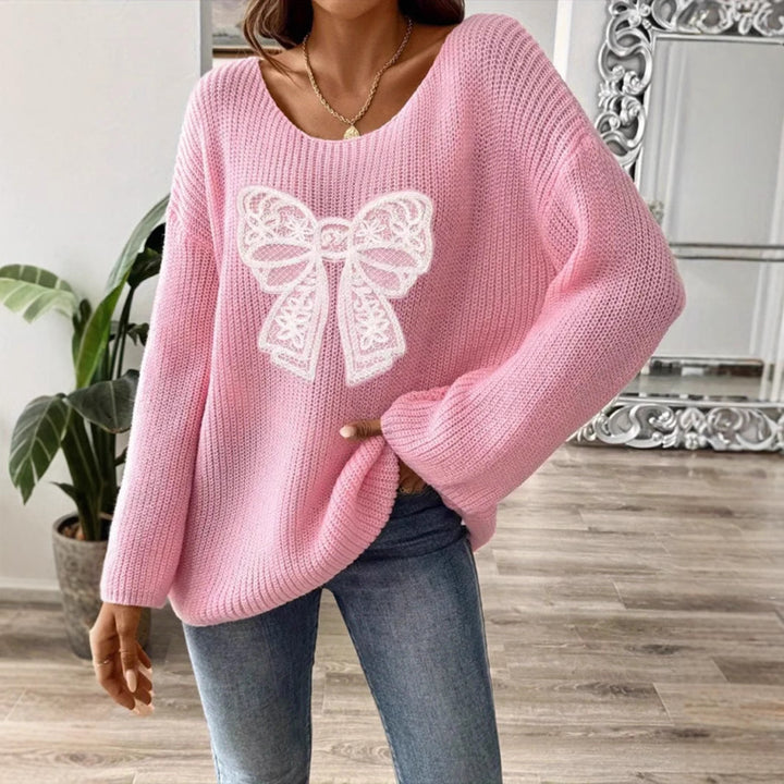Ladies oversized knit sweater with romantic bow pattern Lune London