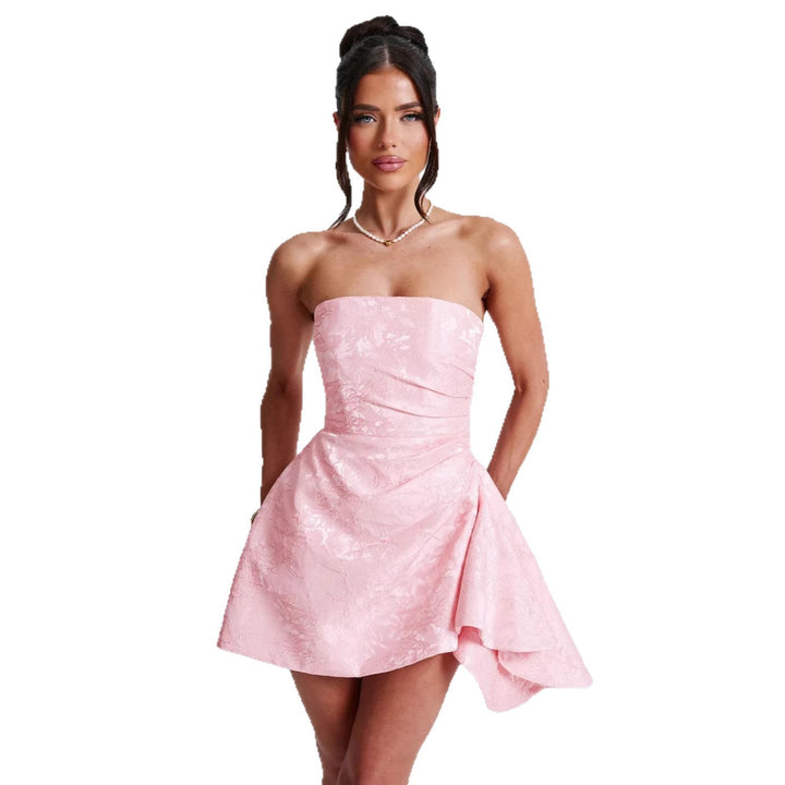 Women Strapless Evening Dress with Asymmetric Hem and Flower-Shaped Design Lune London