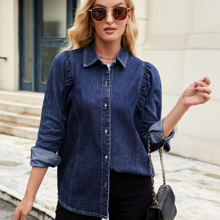 Denim blouse for women with ruffle details and a fitted cut Lune London