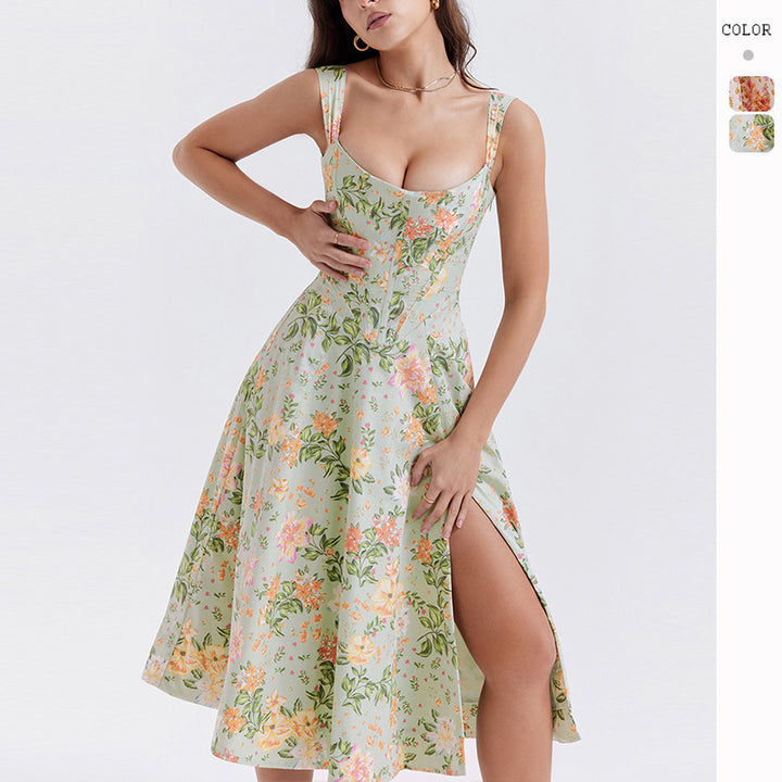 Elegant summer dress for women with floral accents and high slits Chic & Stil