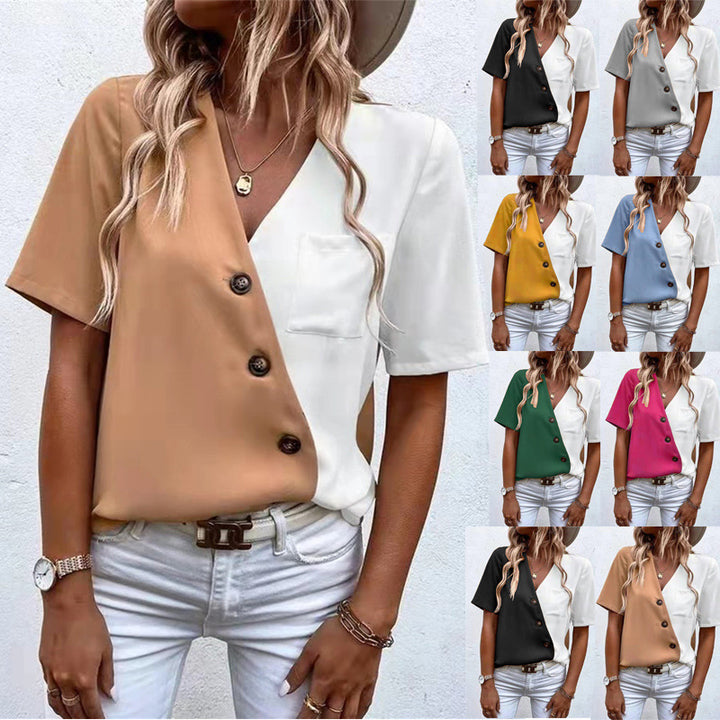 Short-sleeve women's blouse with asymmetrical cut and button details Lune London
