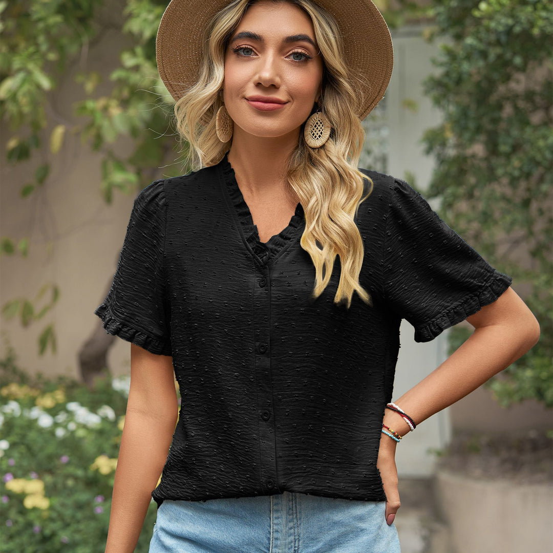 Women's blouse with ruffle details and lightweight textured fabric Lune London