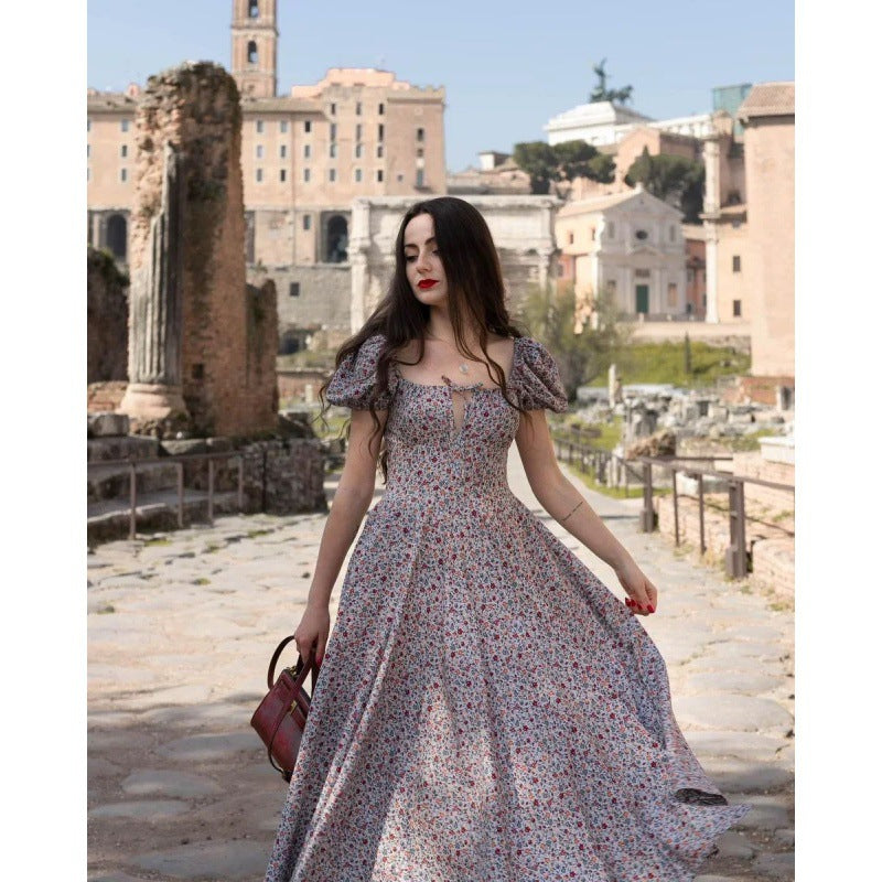 Chic Floral Patterned Puff Sleeve Midi Dress for Women