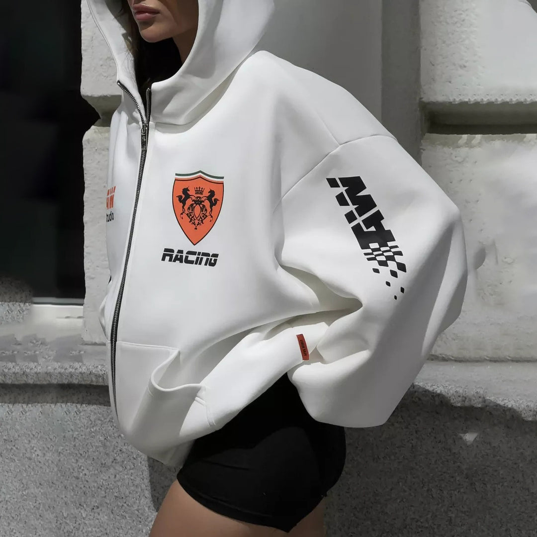Oversized hoodie jacket for women with graphic running design Lune London