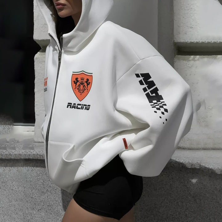 Oversized hoodie jacket for women with graphic running design Lune London