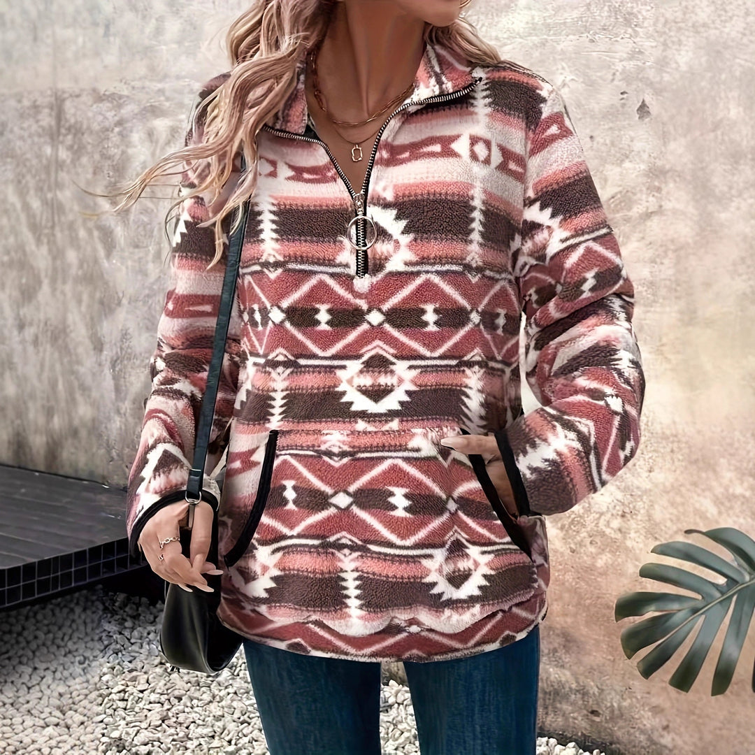 Fleece sweater for women with modern ethnic design and half zipper Lune London