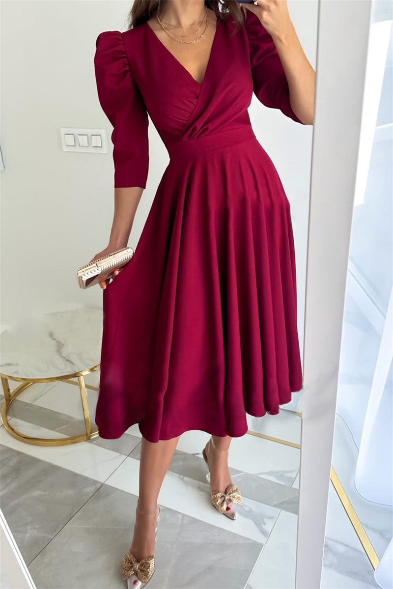 Lune London A-line festive dress for women with puff sleeves and V-neck