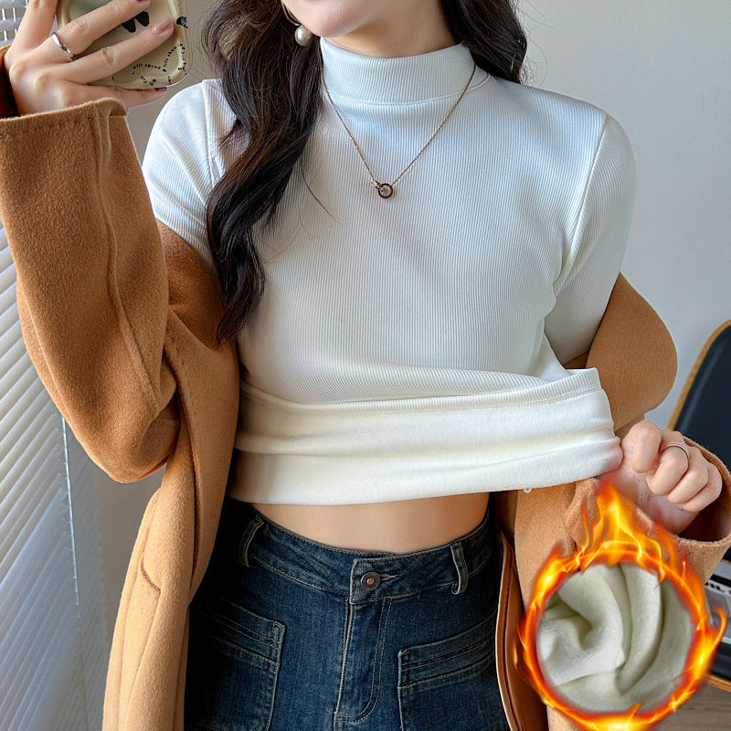 Women's Long Sleeve Cropped Top with High Collar and Ribbed Texture Chic & Stil