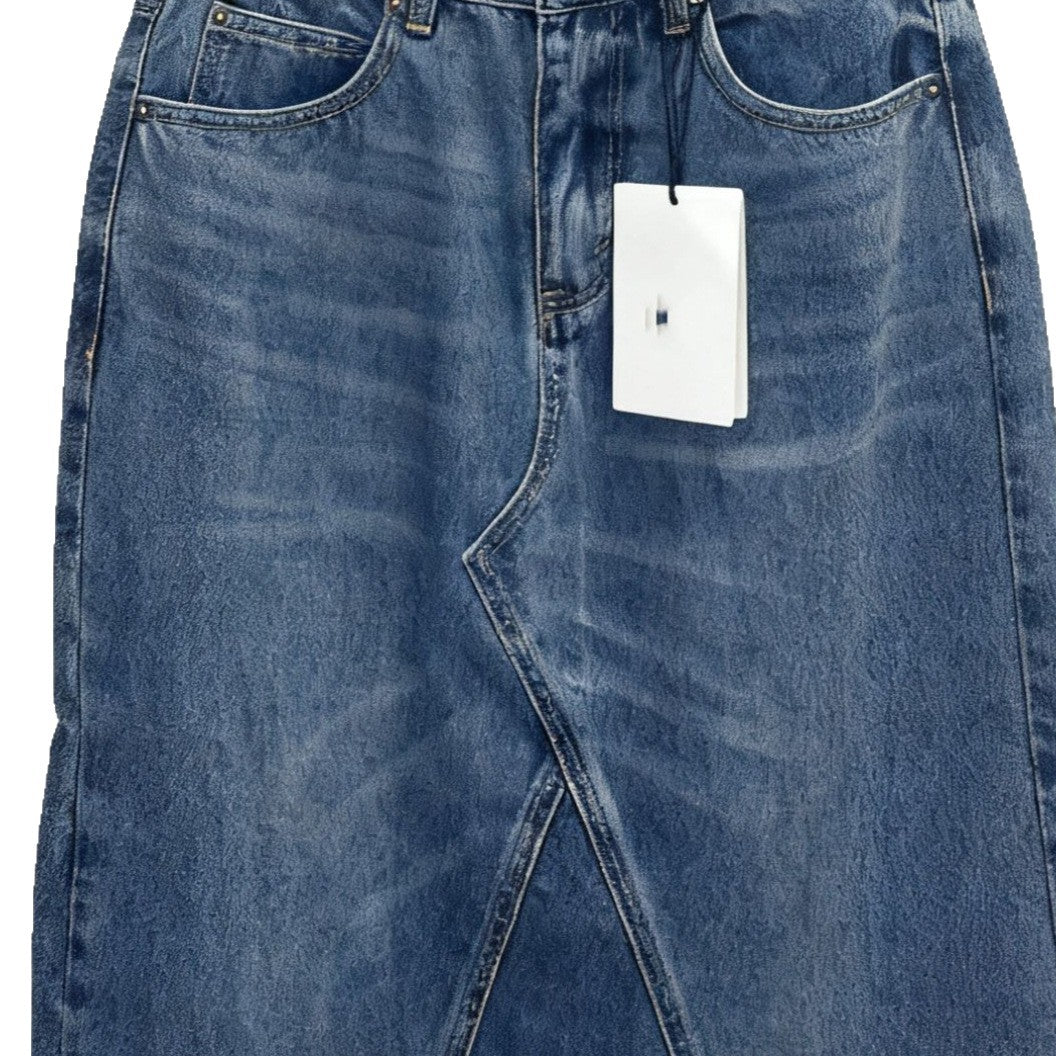Women's maxi skirt in a casual denim style with asymmetrical hem and fringes Lune London