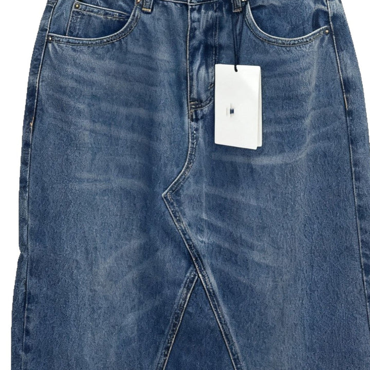Women's maxi skirt in a casual denim style with asymmetrical hem and fringes Lune London