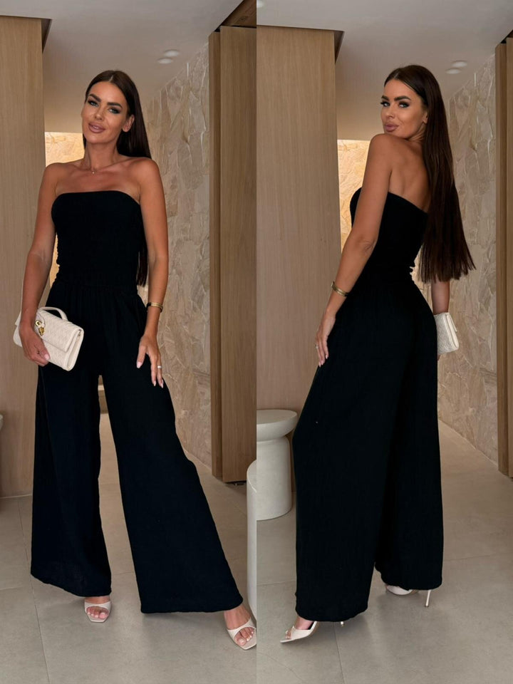 Ladies Smocked Strapless Wide Leg Jumpsuit Lune London