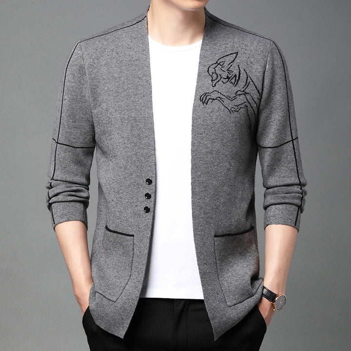 Elegant knitted jacket for men with embroidered design and practical pockets Lune London