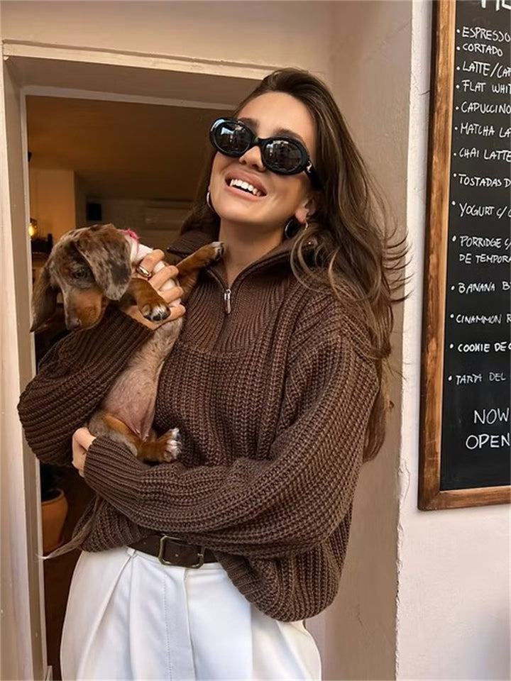 Women's thick knit sweater with high collar and zipper Lune London