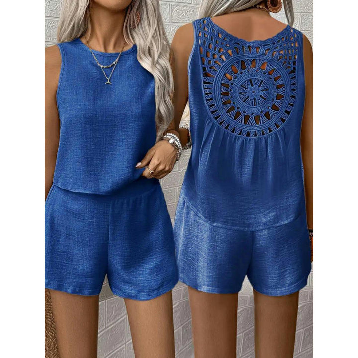 Ladies backless short jumpsuit with crochet detail Lune London