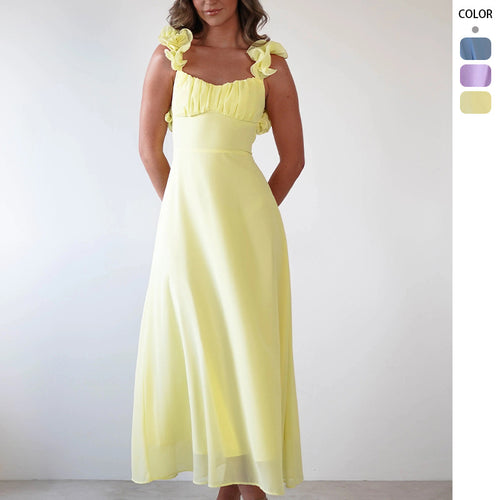 Ladies' maxi dress with playful ruffle details and elastic top
