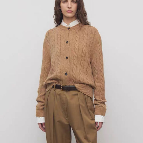 Ladies chunky knit cardigan with decorative cable pattern and button placket Lune London