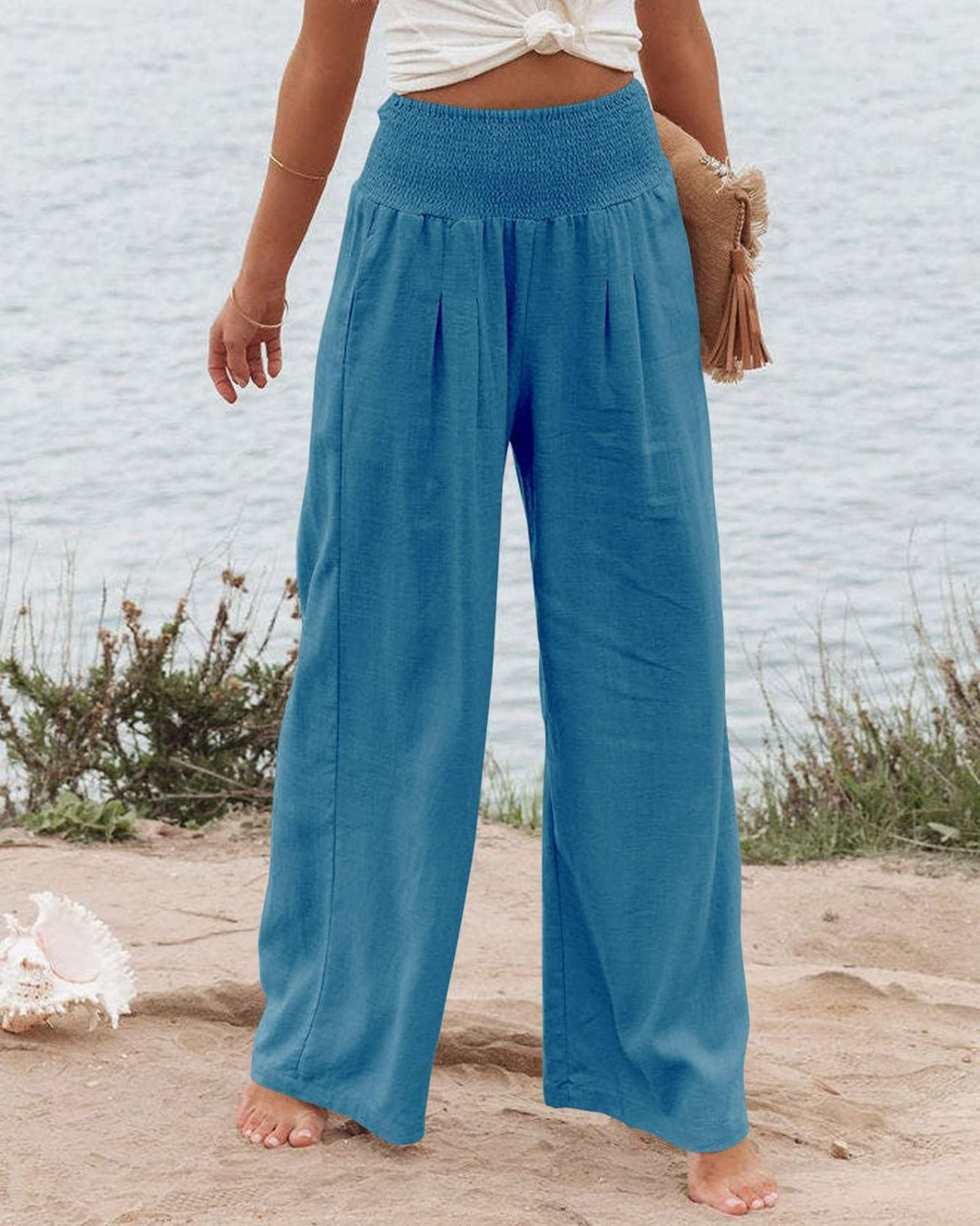 Women's Wide Linen Trousers with Elastic Waistband and Pleats Lune London